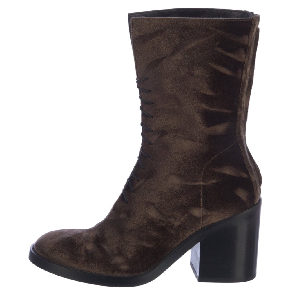 Ann Demeulemeester Brown Heeled Boots Velvet Mid-Calf